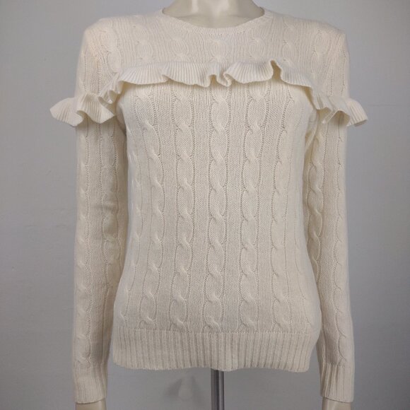 Polo Ralph Lauren ivory off-white ruffled cable knit wool cashmere sweater Small - Picture 1 of 7